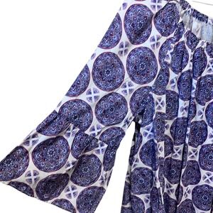 New‎ Directions Curvy Womens 2X Blue Purple Medallion Boho Off Shoulder Bell Top